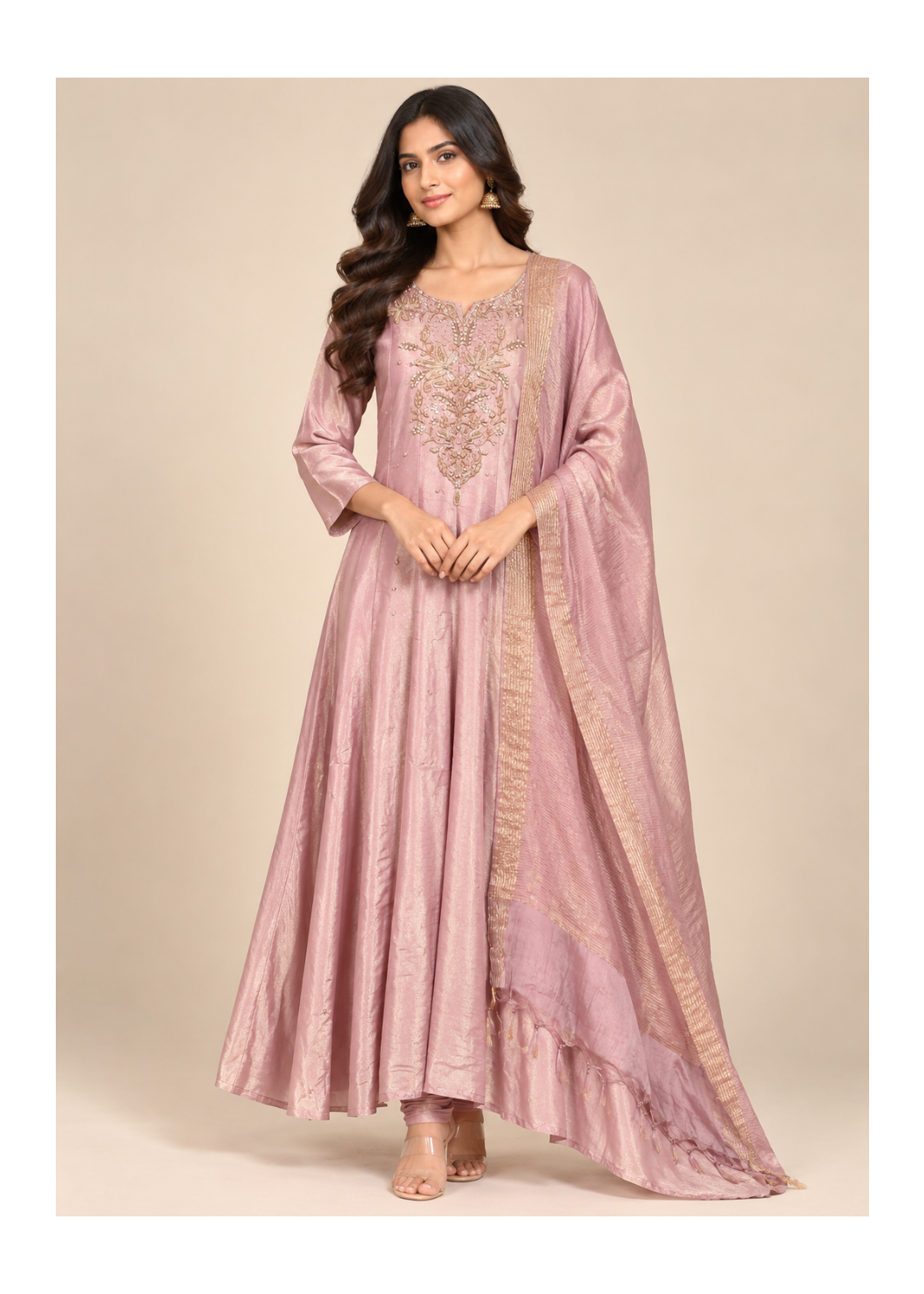 Blush Pink Gold Embroidered Anarkali Suit Set