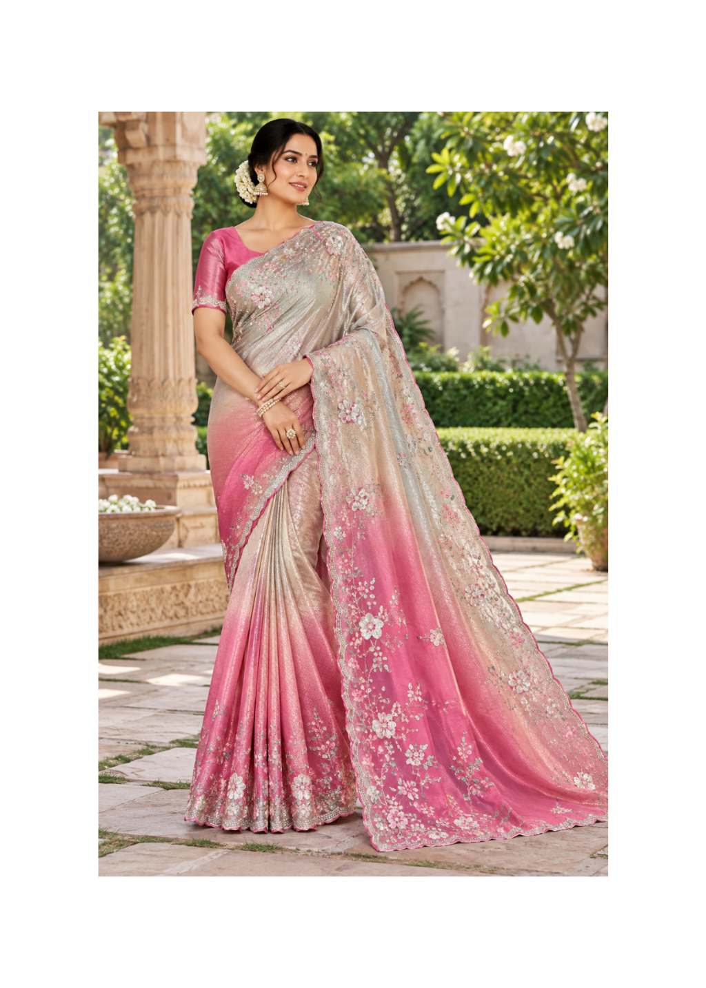Blush Pink Ombre Embroidered Tissue Saree