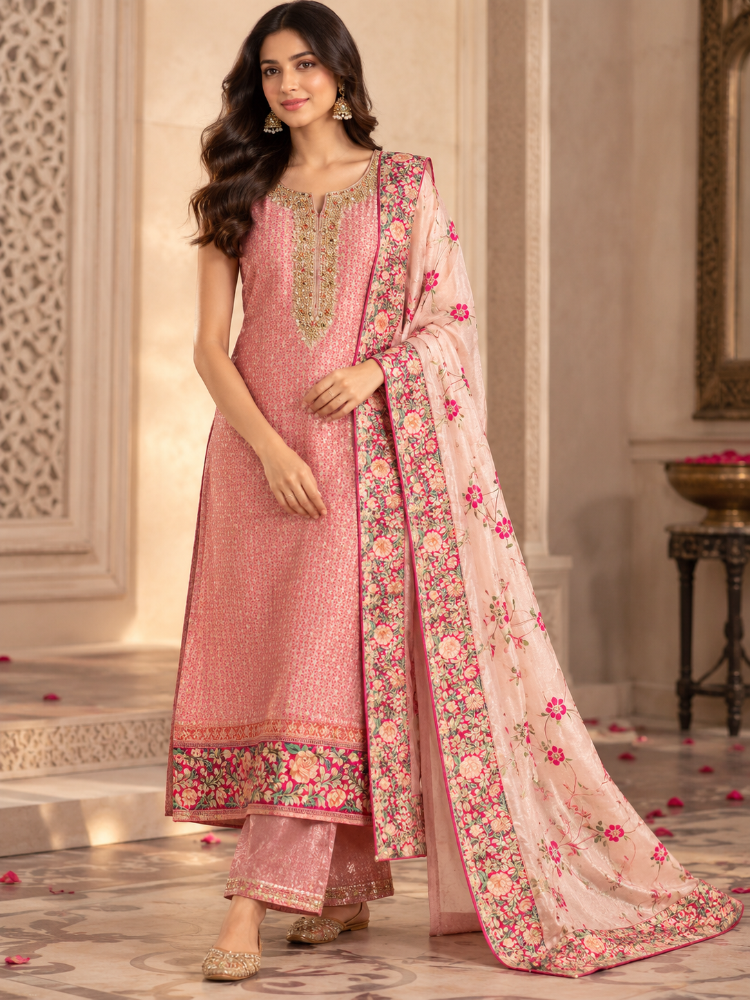 Rose Pink Floral Printed & Embroidered Salwar Suit Set