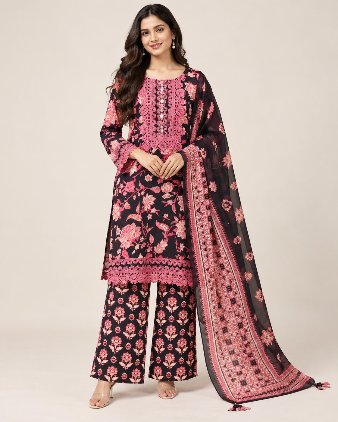 Black & Pink Floral Printed Pakistani Suit Set Main image