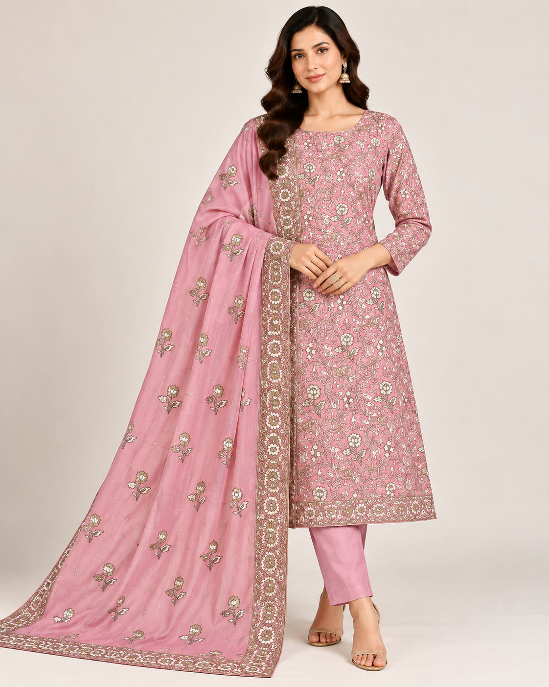 Elegant Dusty Pink Floral Suit Fabric