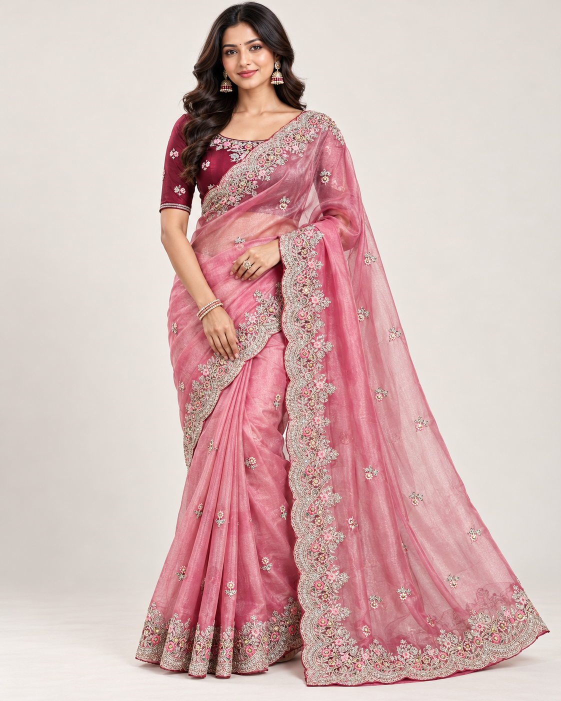 Dusty Pink Embroidered Tissue Organza Saree