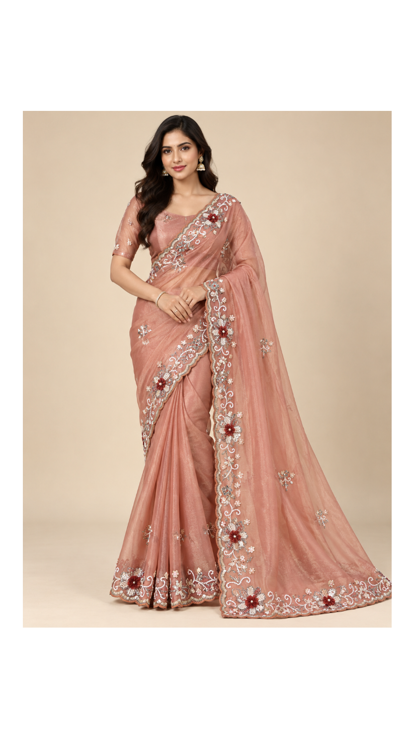 Elegant Pink Floral Embroidered Saree Main image