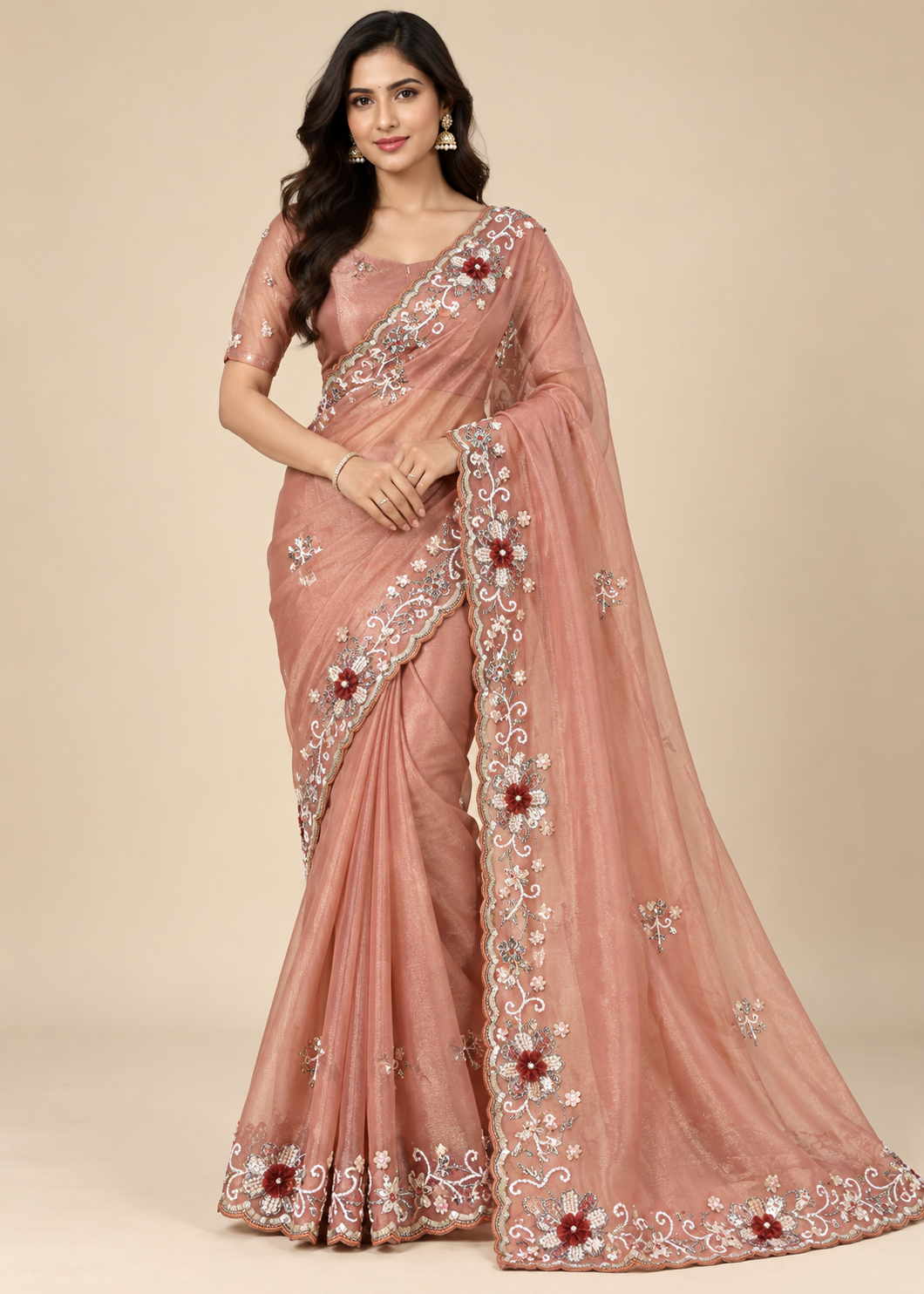 Elegant Pink Floral Embroidered Saree