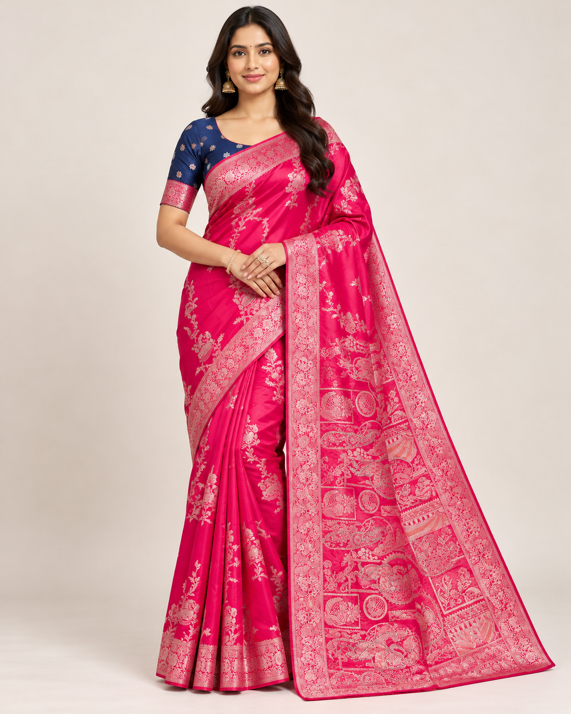 Rani Pink Soft Saree with Golden Zari Floral Motifs Main image