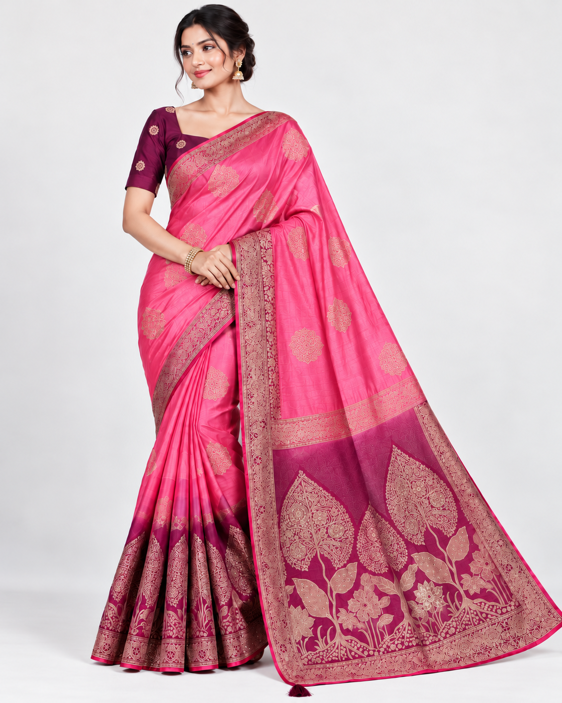 Rani Pink Silk Saree with Golden Zari Floral Border Main image