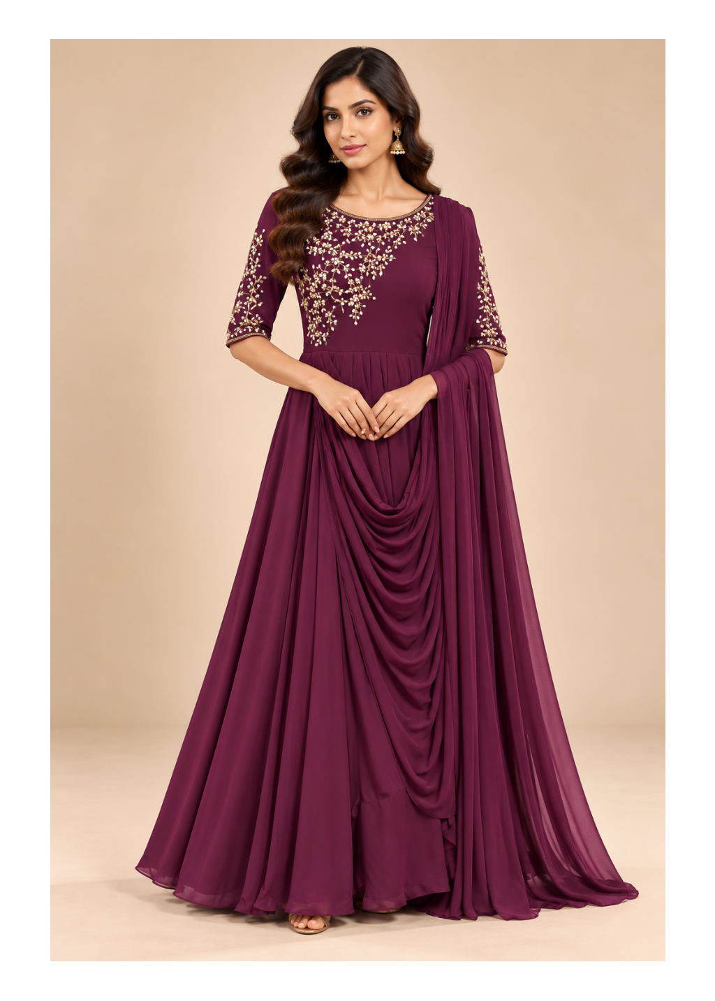 Elegant Plum Embroidered Draped Anarkali Gown