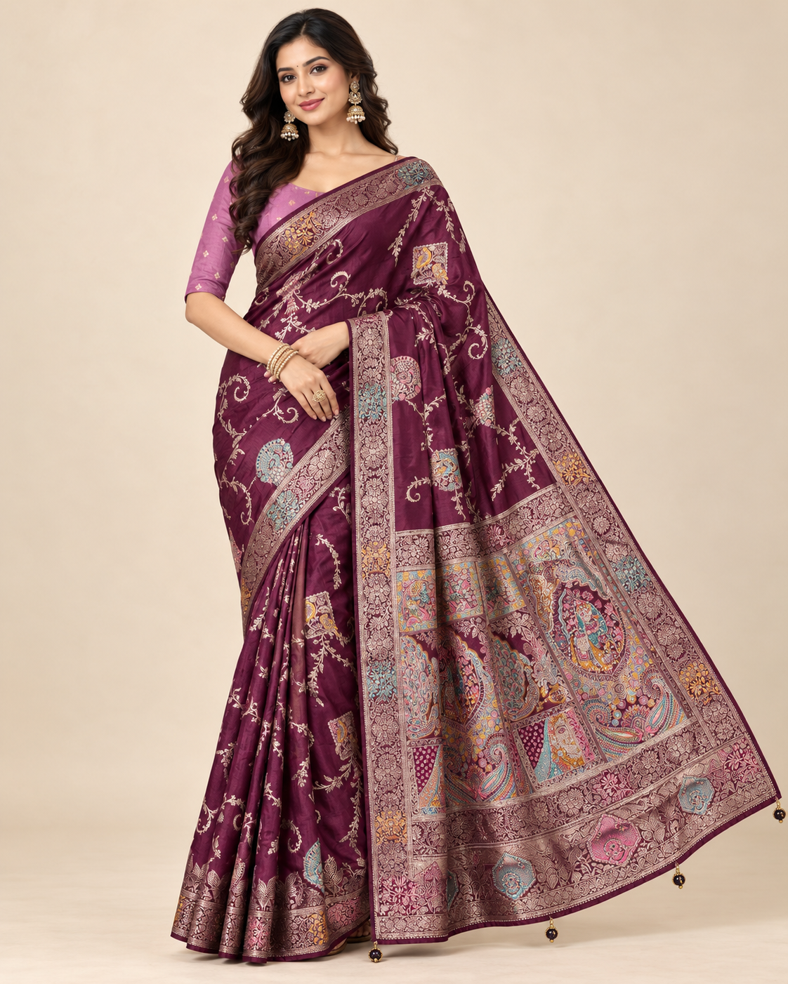 Deep Plum Meenakari Jaal Silk Saree Main image