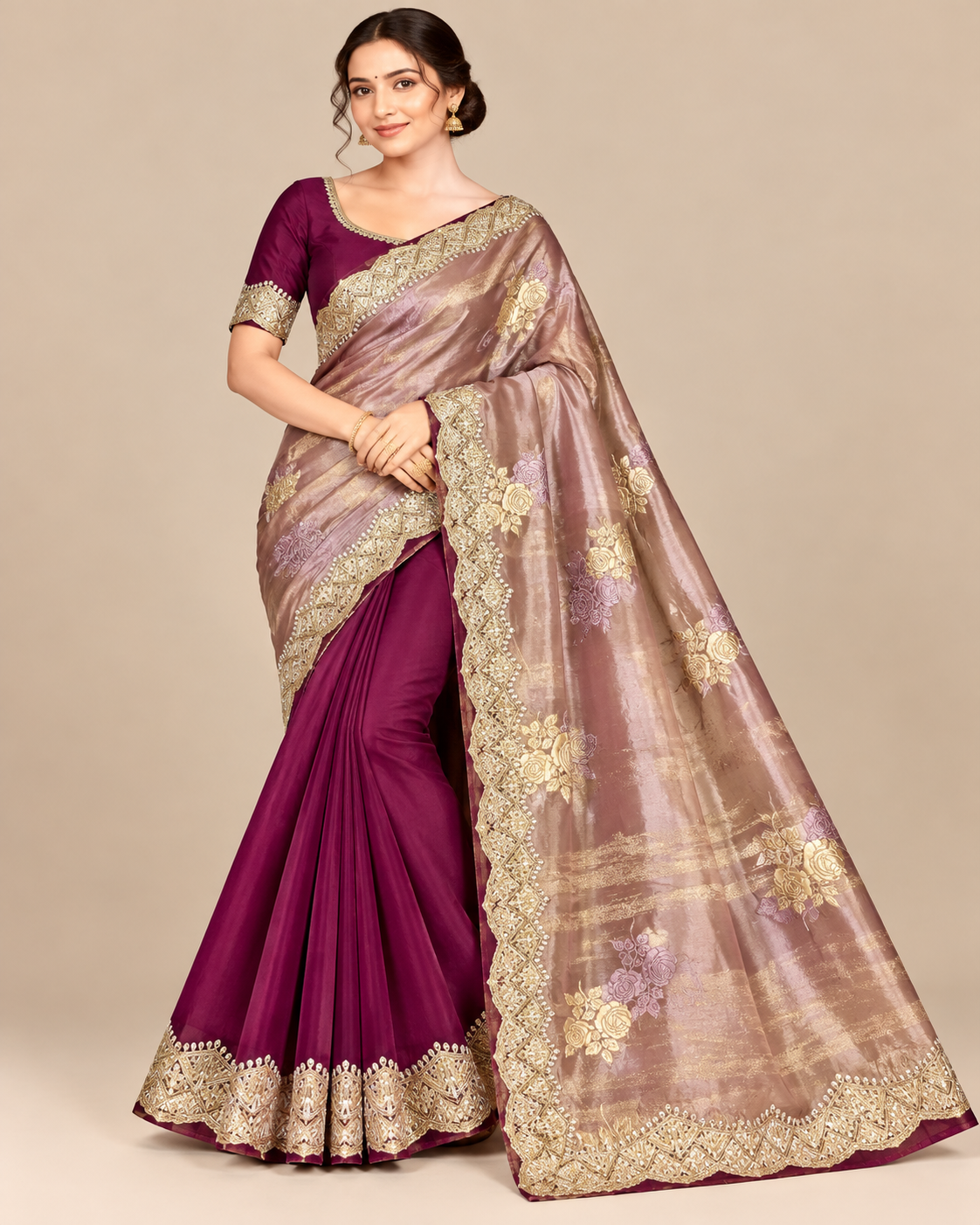 Plum and Rose Gold Half-and-Half Saree