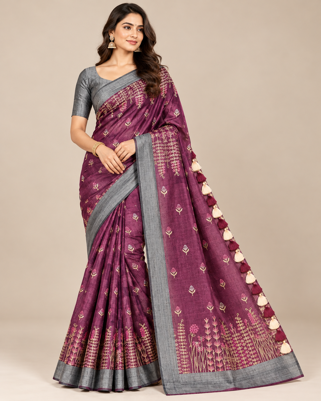 Deep Plum Floral Linen Silk Saree