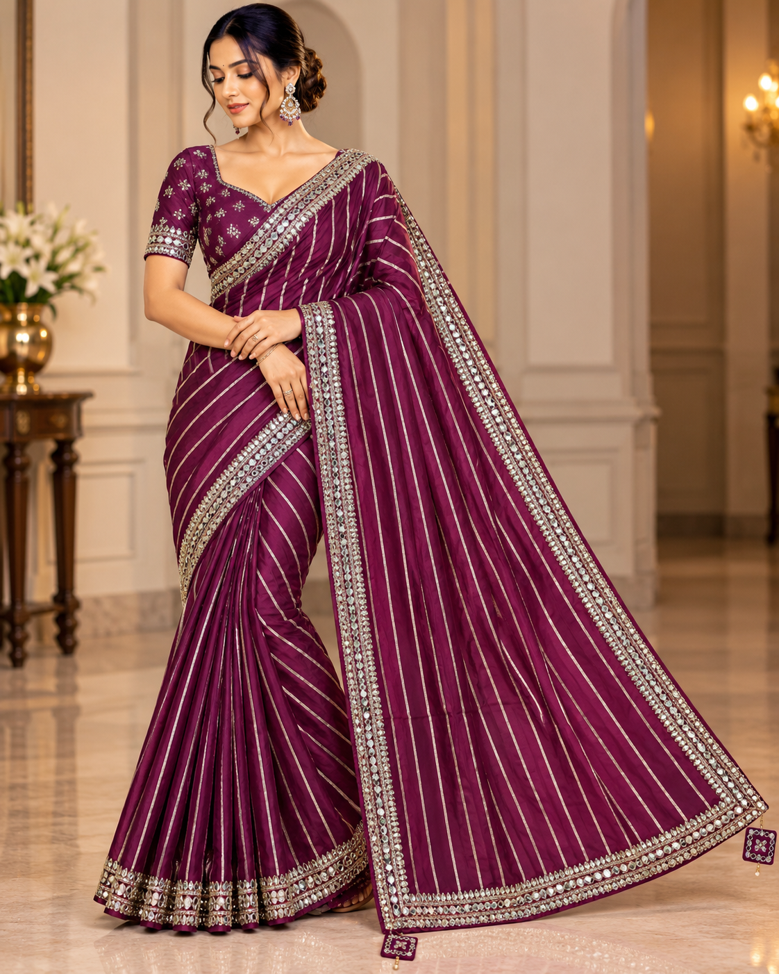 Plum Embellished Stripe Saree