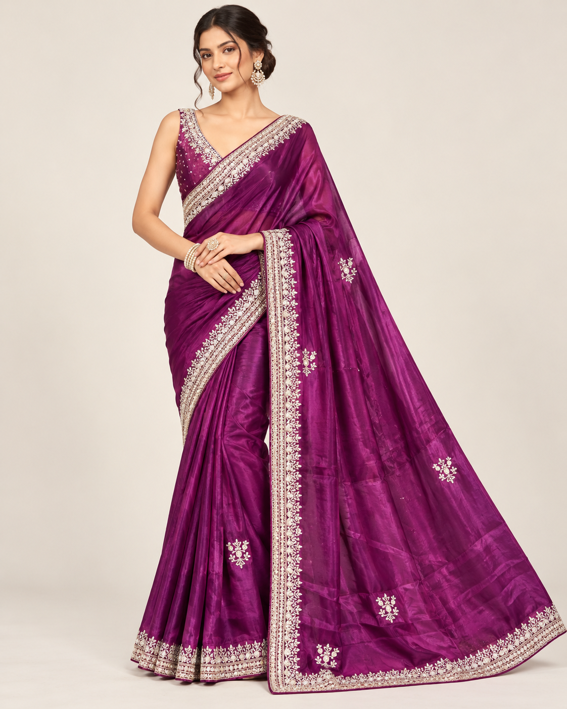 Deep Plum Silver Zardozi Embroidered Tissue Saree Main image