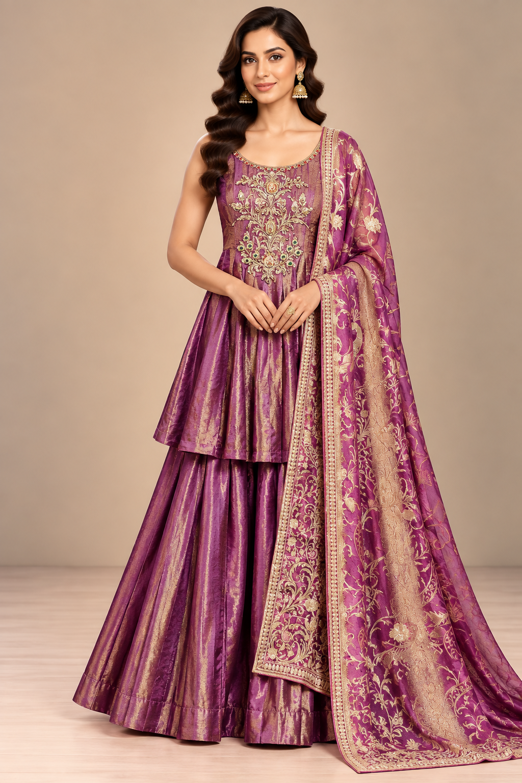 Regal Plum & Gold Brocade Sharara Set Main image