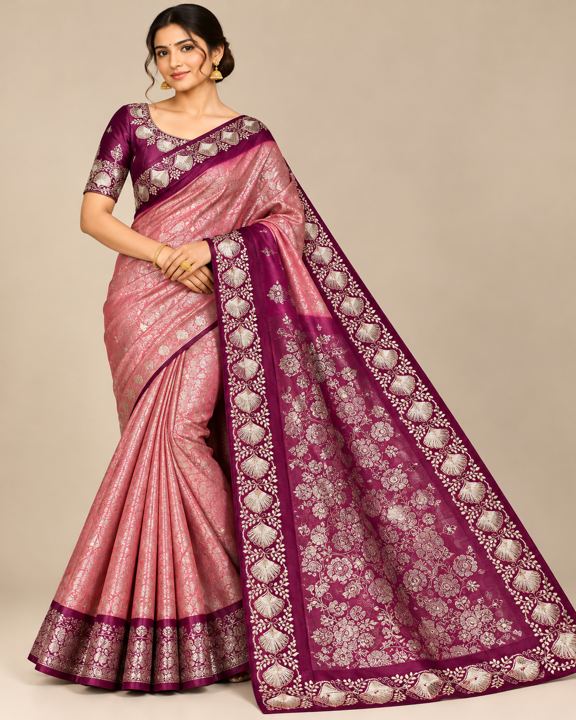 Blush Pink and Plum Embroidered Silk Saree Main image