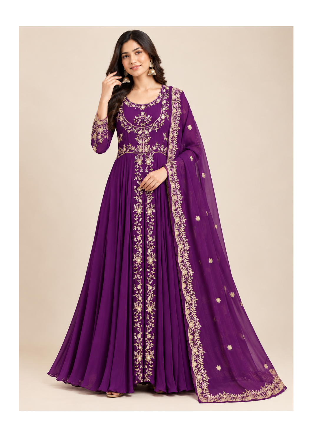 Royal Purple Gold Embroidered Anarkali Suit Set