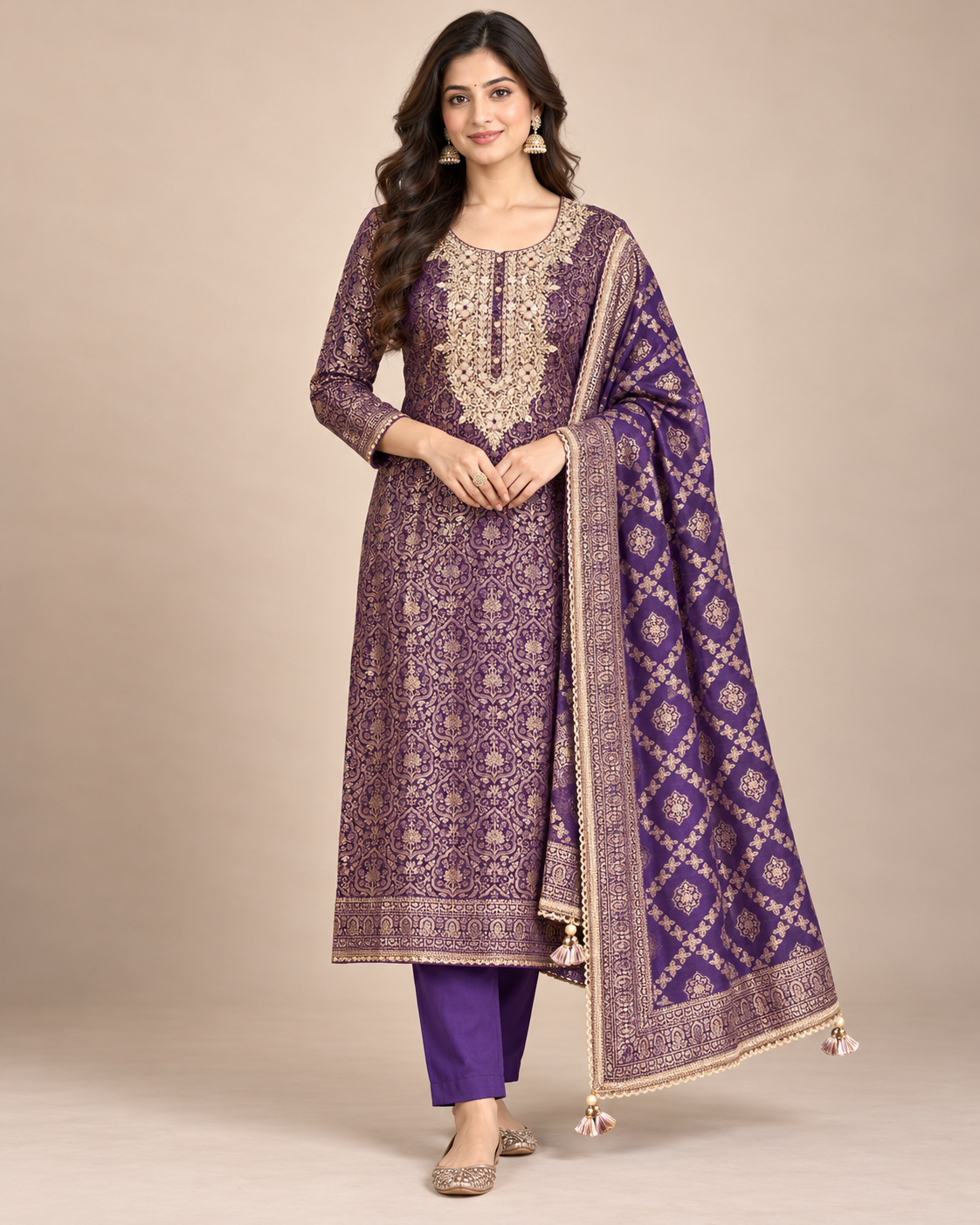 Magenta Zigzag Printed Suit Set with Floral Designer Dupatta Main image