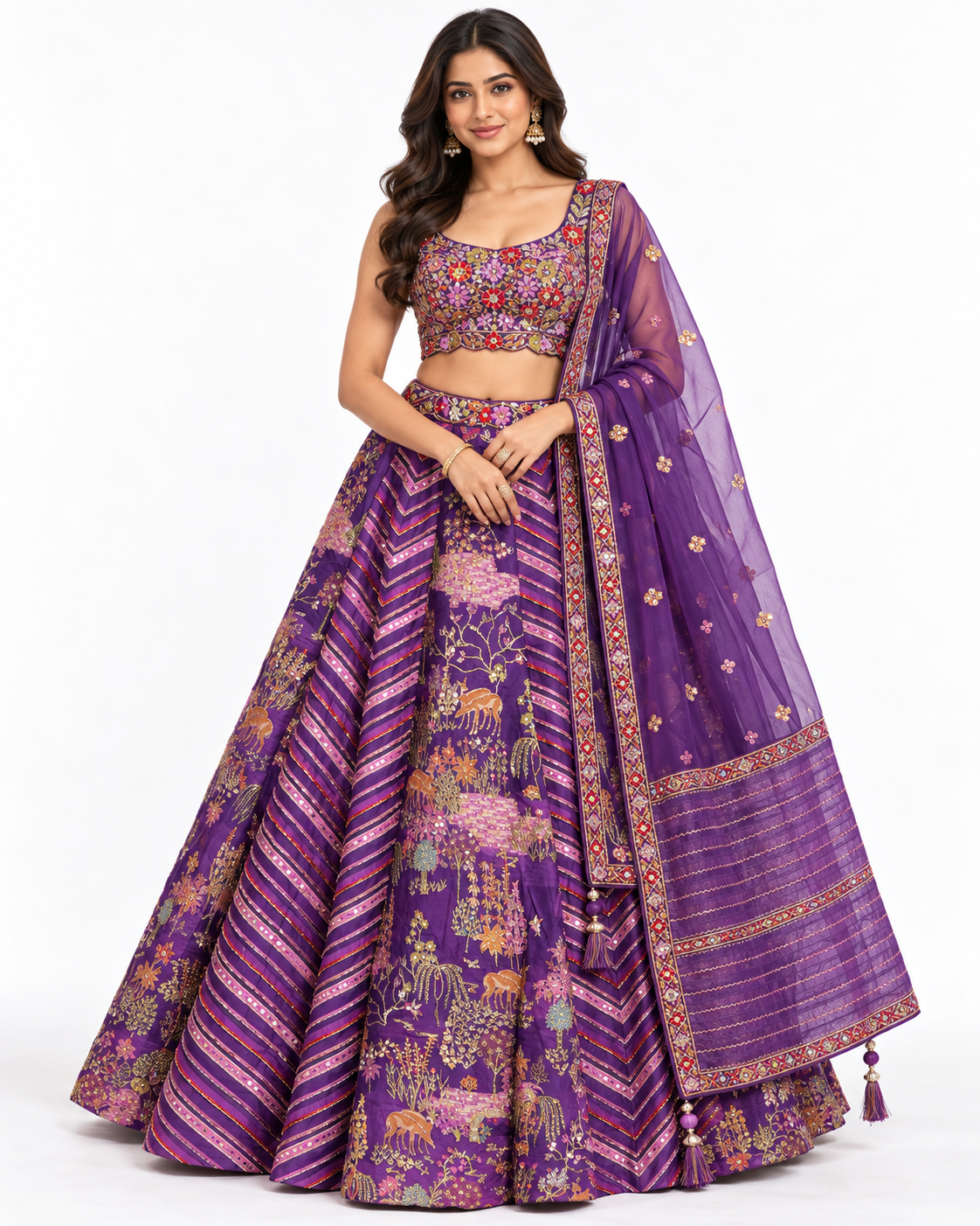 Purple Printed Embroidered Lehenga Set