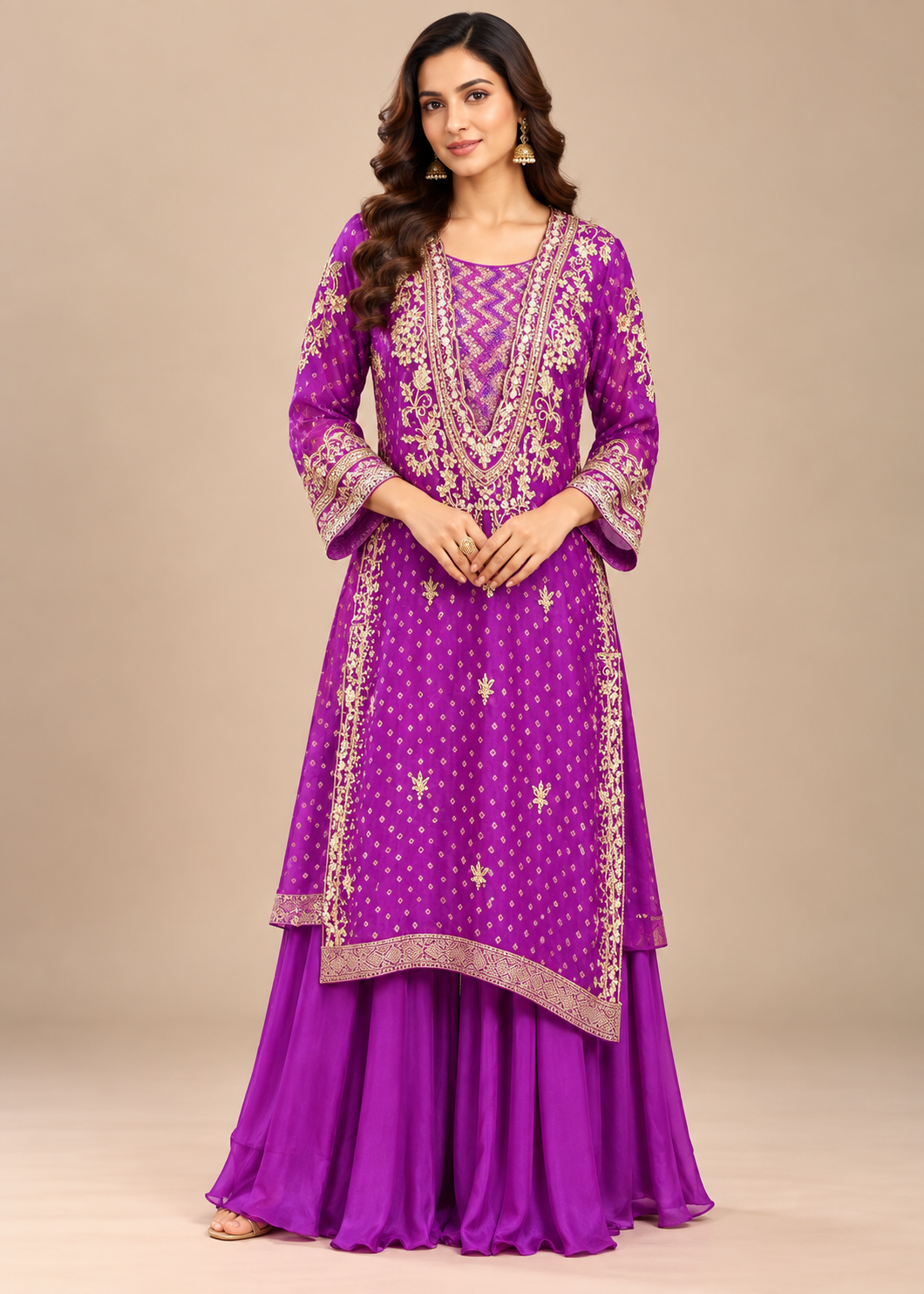 Royal Purple Embroidered Kurta & Sharara Set