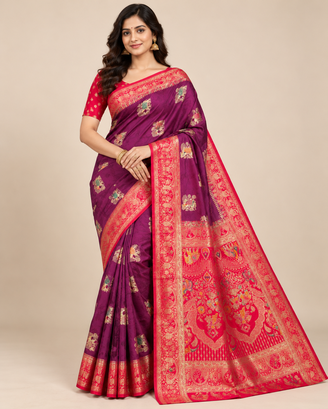 Royal Purple Banarasi-Style Saree with Rani Pink Golden Zari Border Main image