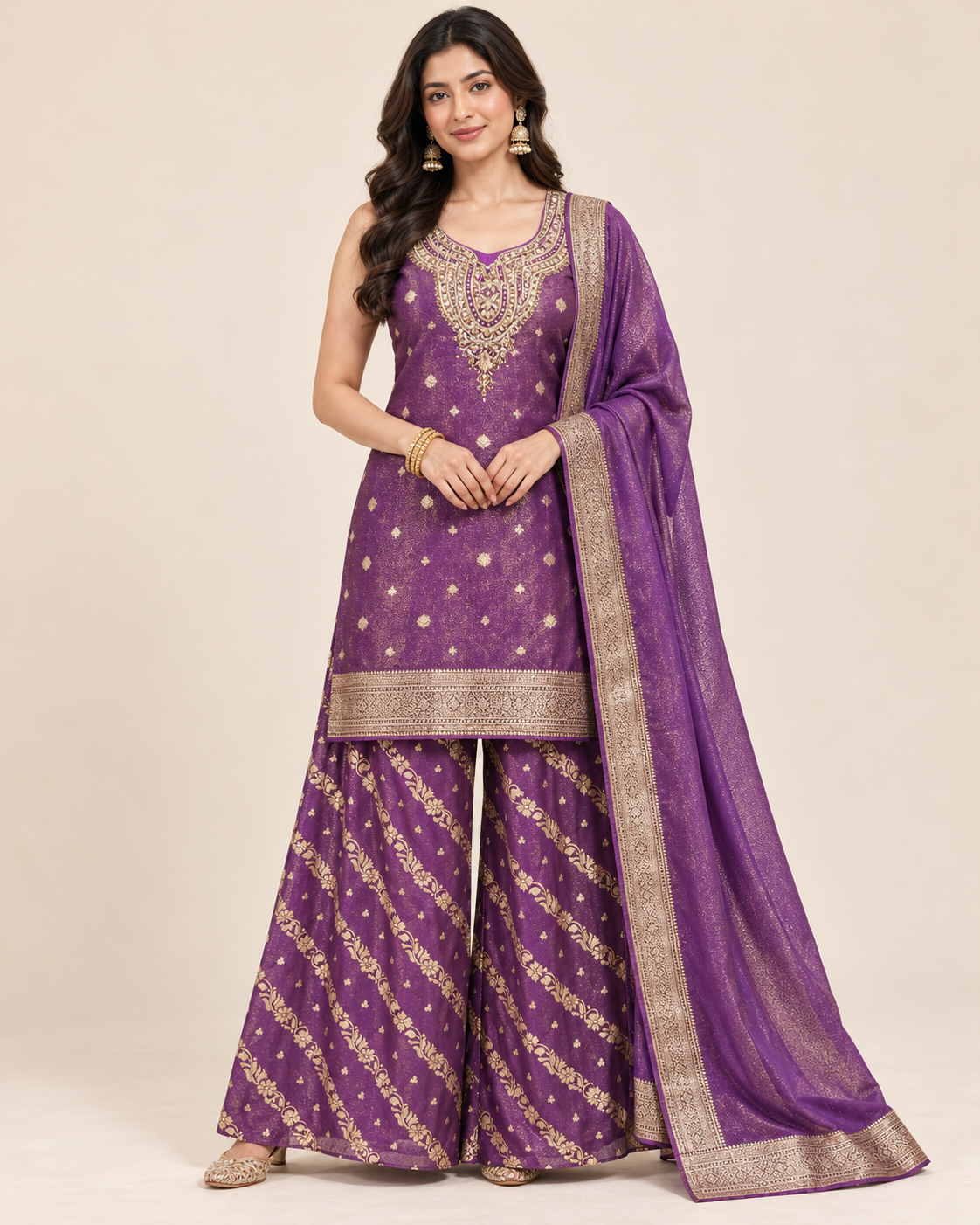Purple Gold Printed Sharara Suit with Designer Dupatta Main image