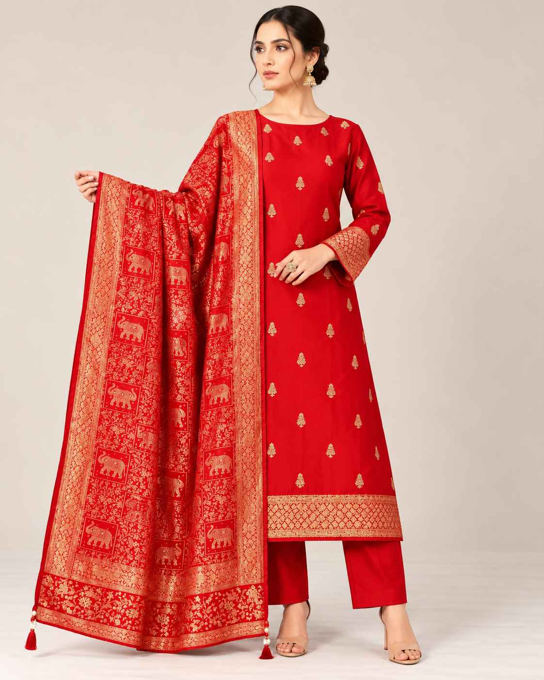 Royal Red Banarasi Printed Suit Set Main image