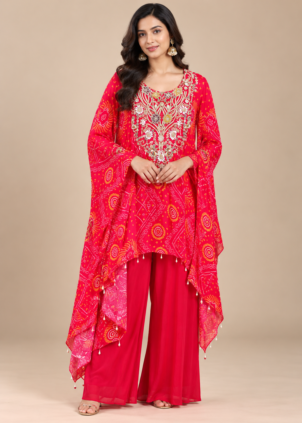 Vibrant Red Bandhani Kaftan & Palazzo Set