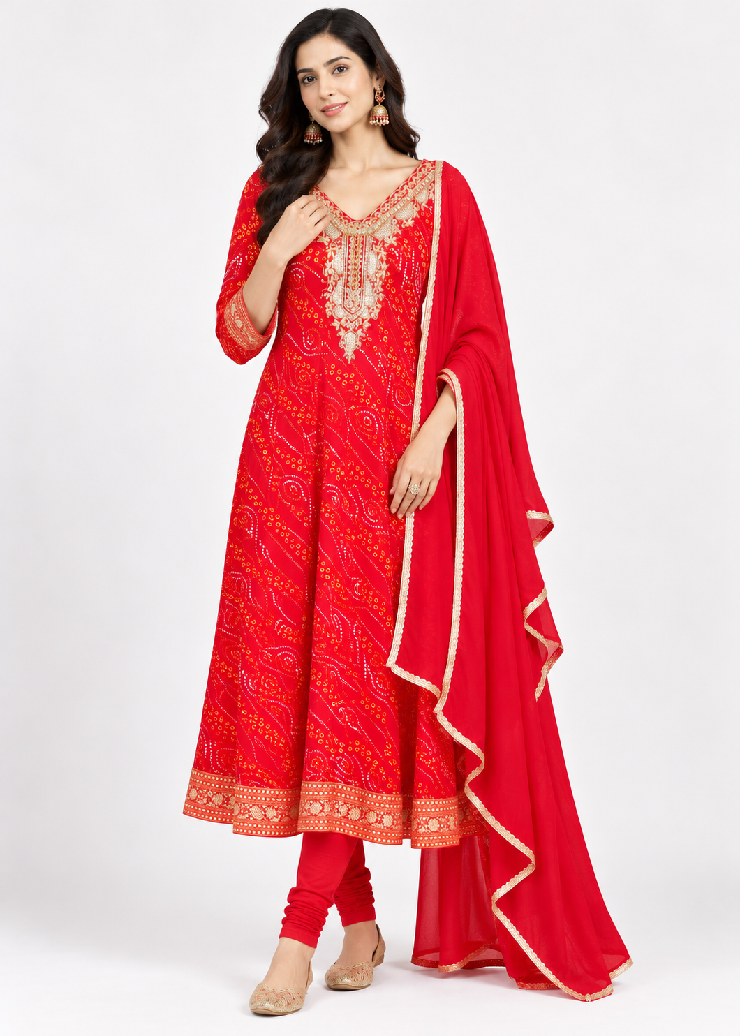 Red Bandhani Gold Embroidered Anarkali Suit Set
