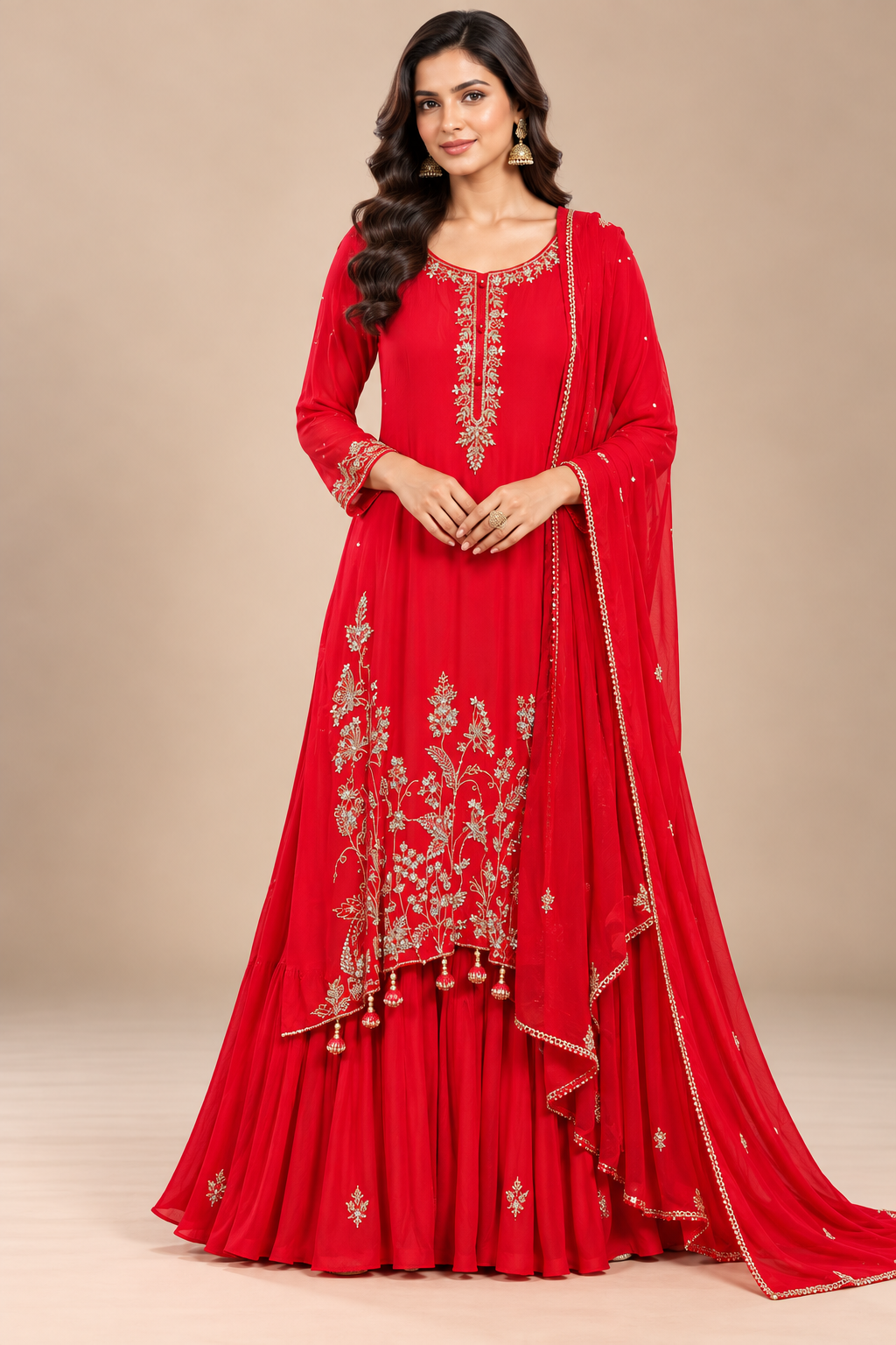 Regal Crimson Red Embroidered Anarkali & Sharara Set Main image
