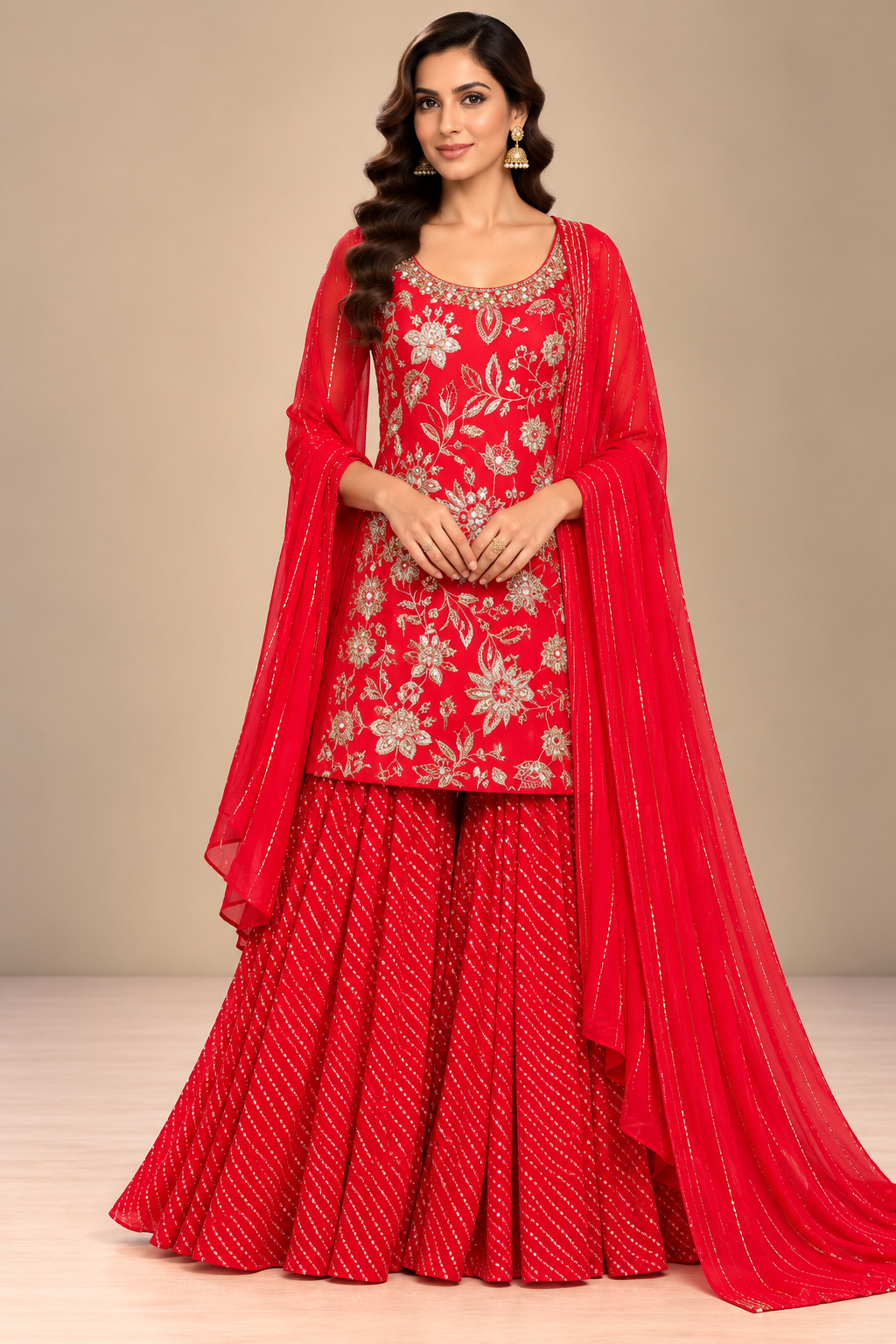 Vibrant Crimson Floral Embroidered Sharara Set Main image
