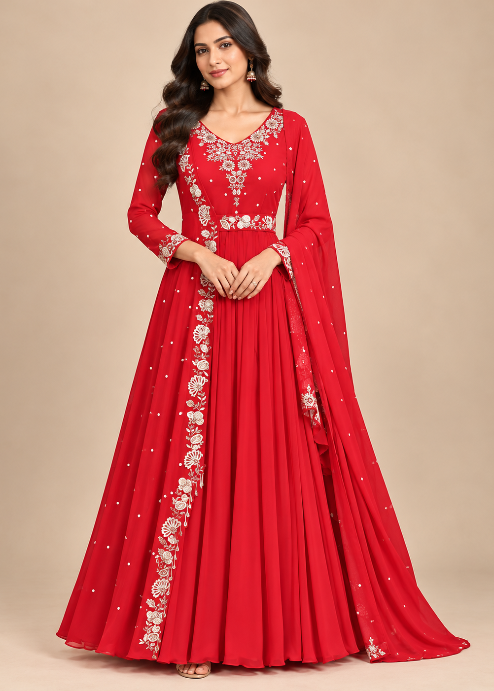 Ruby Red Floral Embroidered Anarkali Gown