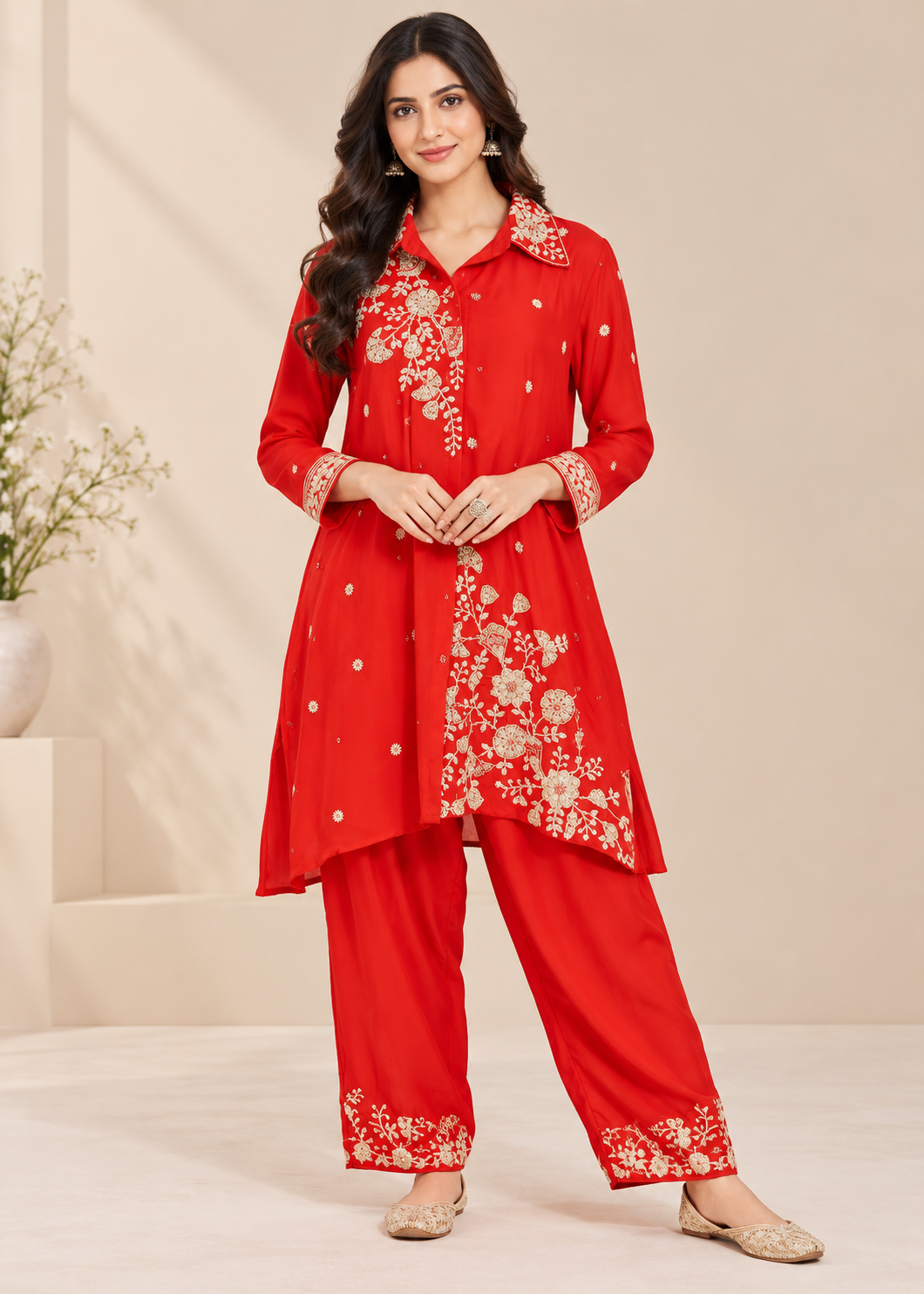 Crimson Red Floral Embroidered Shirt-Style Tunic Set