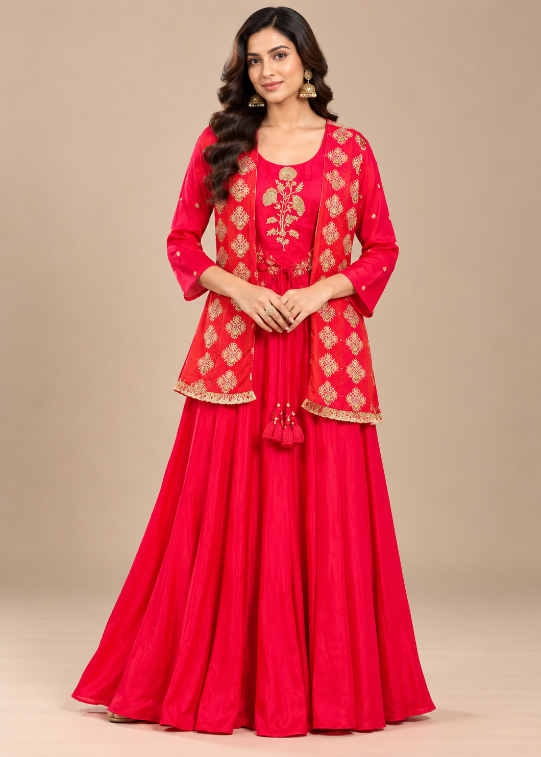 Regal Crimson Red Anarkali Set with Embroidered Jacket