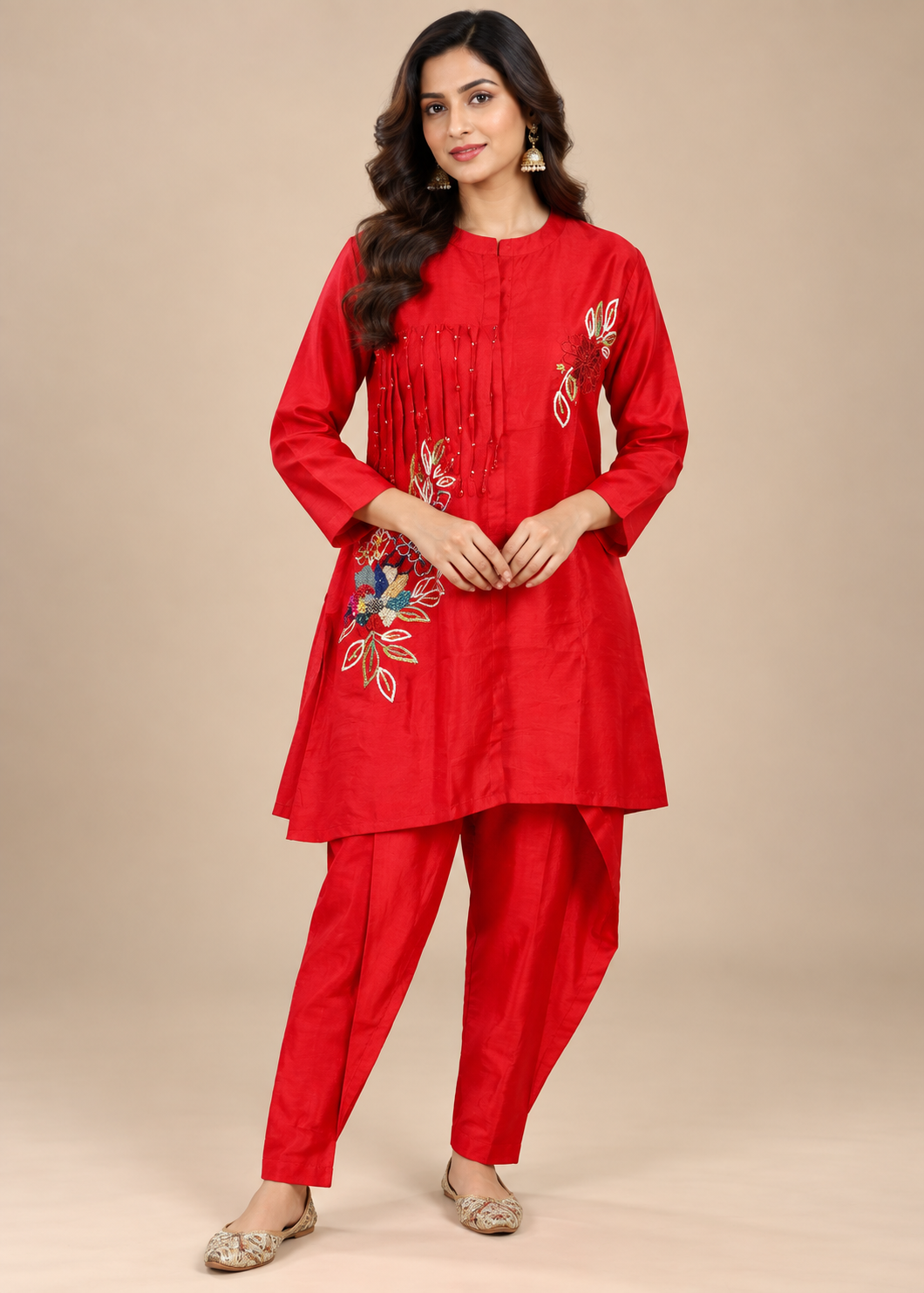 Vibrant Crimson Red Hand-Embroidered Co-ord Set