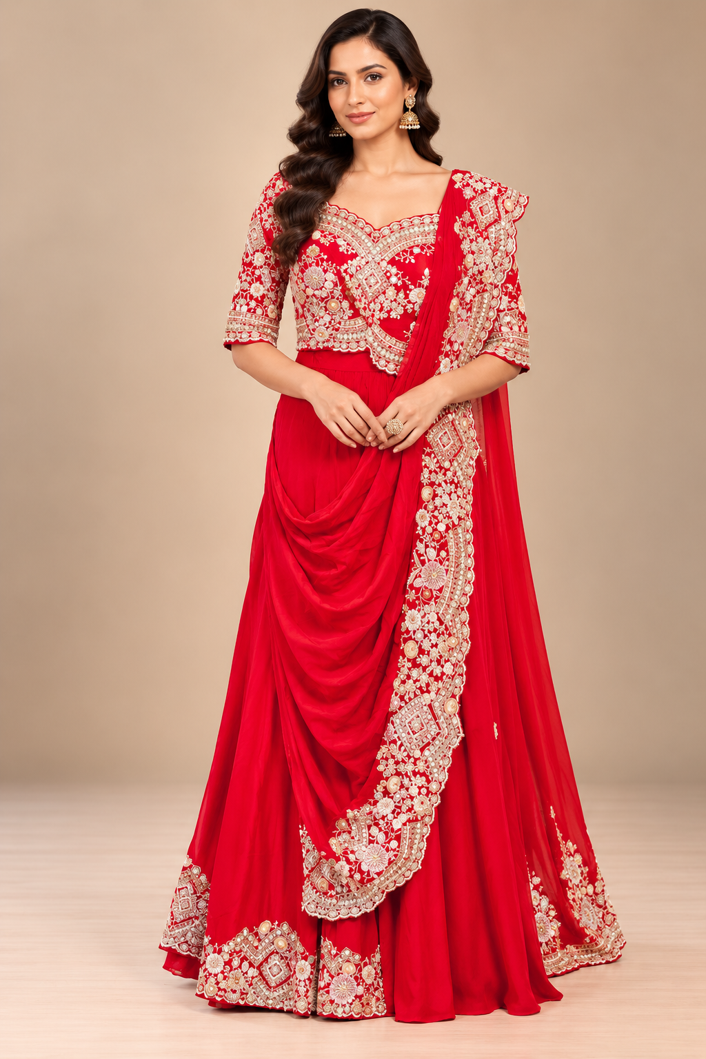 Bridal Red Hand-Embroidered Pre-Draped Saree Set Main image