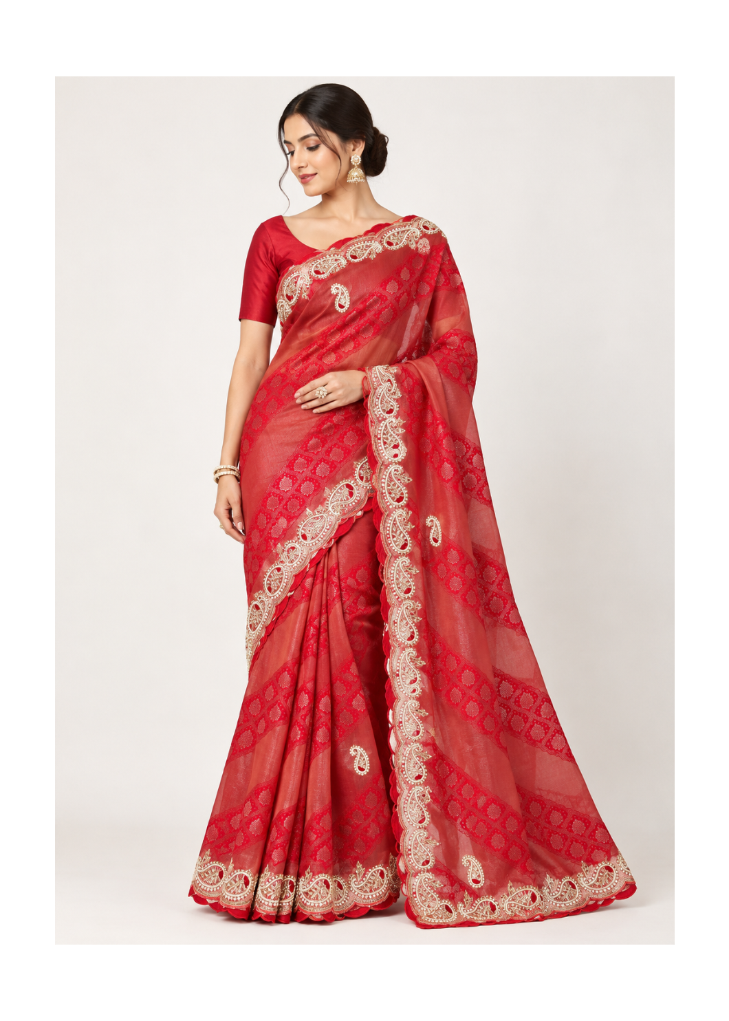 Crimson Red Scalloped Organza Silk Saree Main image