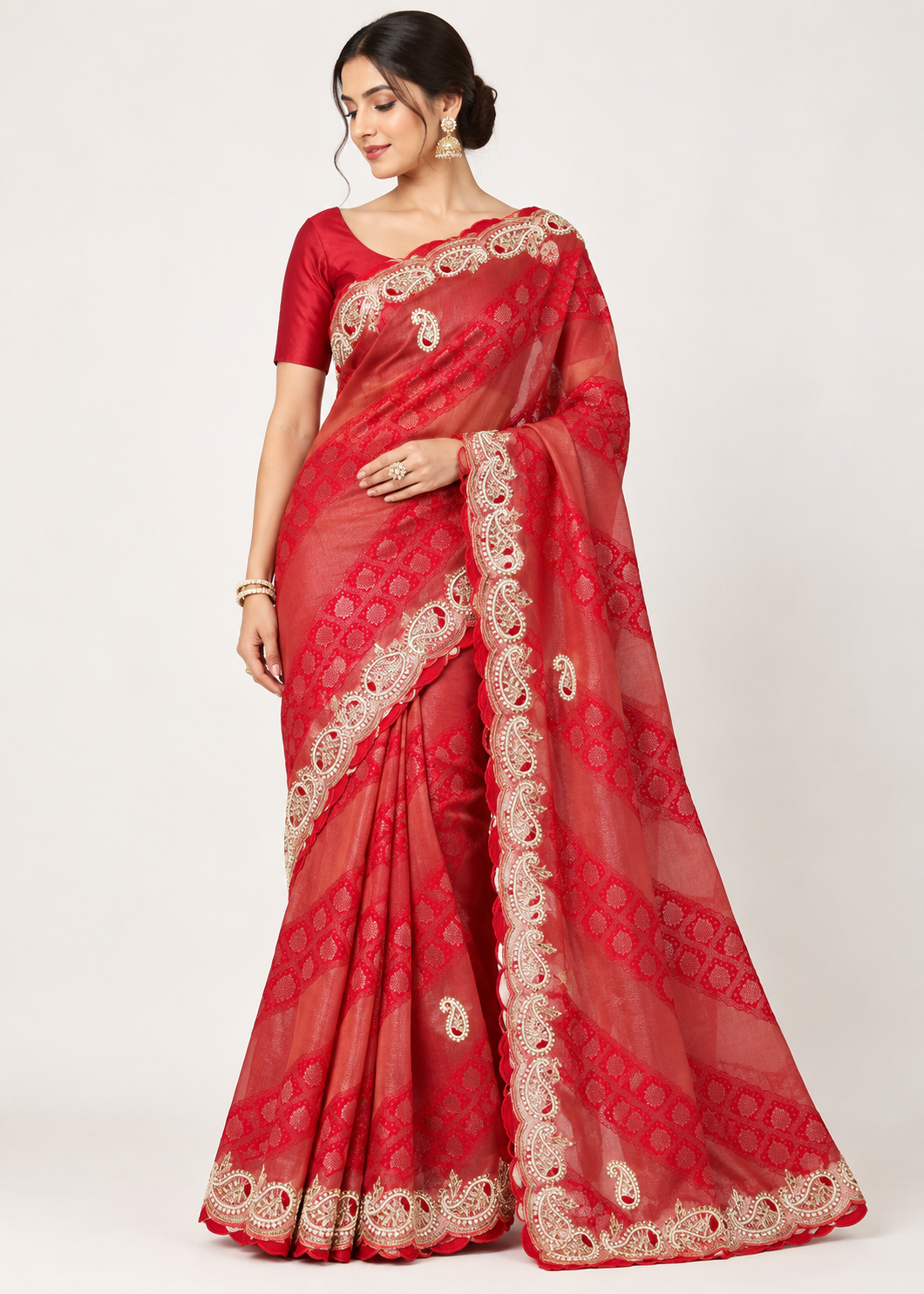 Crimson Red Scalloped Organza Silk Saree