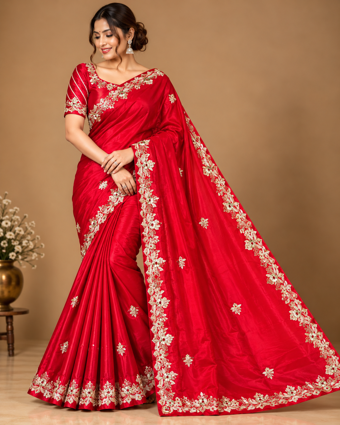 Crimson Red Zardozi Embroidered Silk Saree Main image