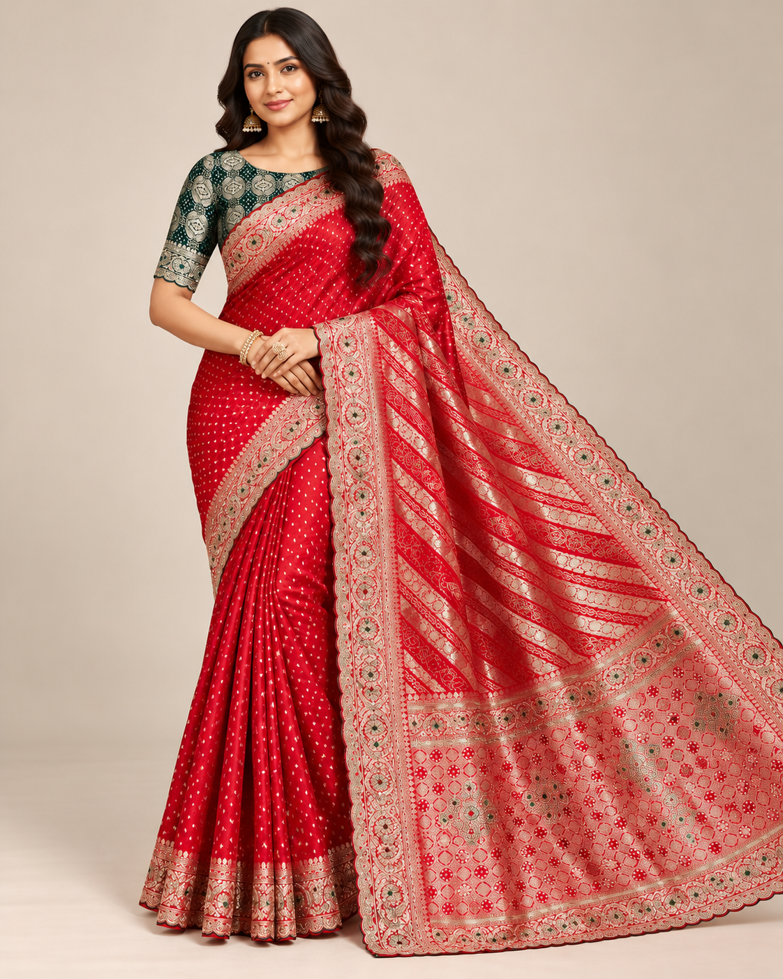 Red Soft Silk Saree with Woven Border & Contrast Blouse Main image