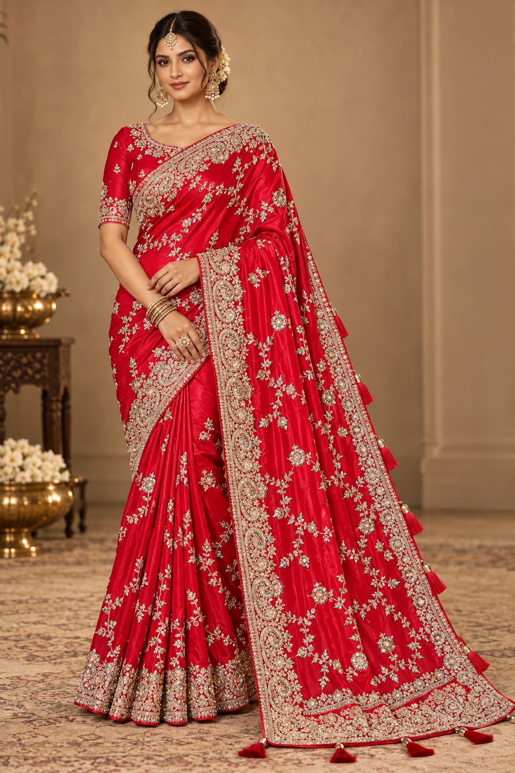 Classic Scarlet Red Silk Saree with All-Over Silver Floral Vine Embroidery & Zardozi Border