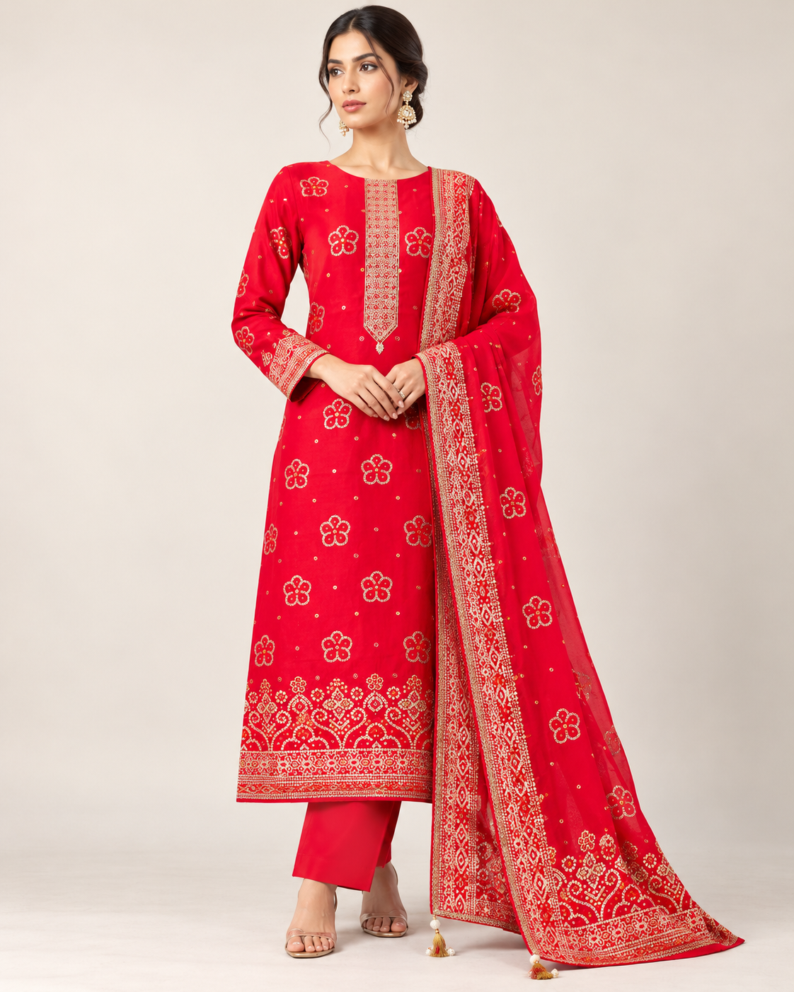 Elegant Red Floral Embroidered Kurta Set