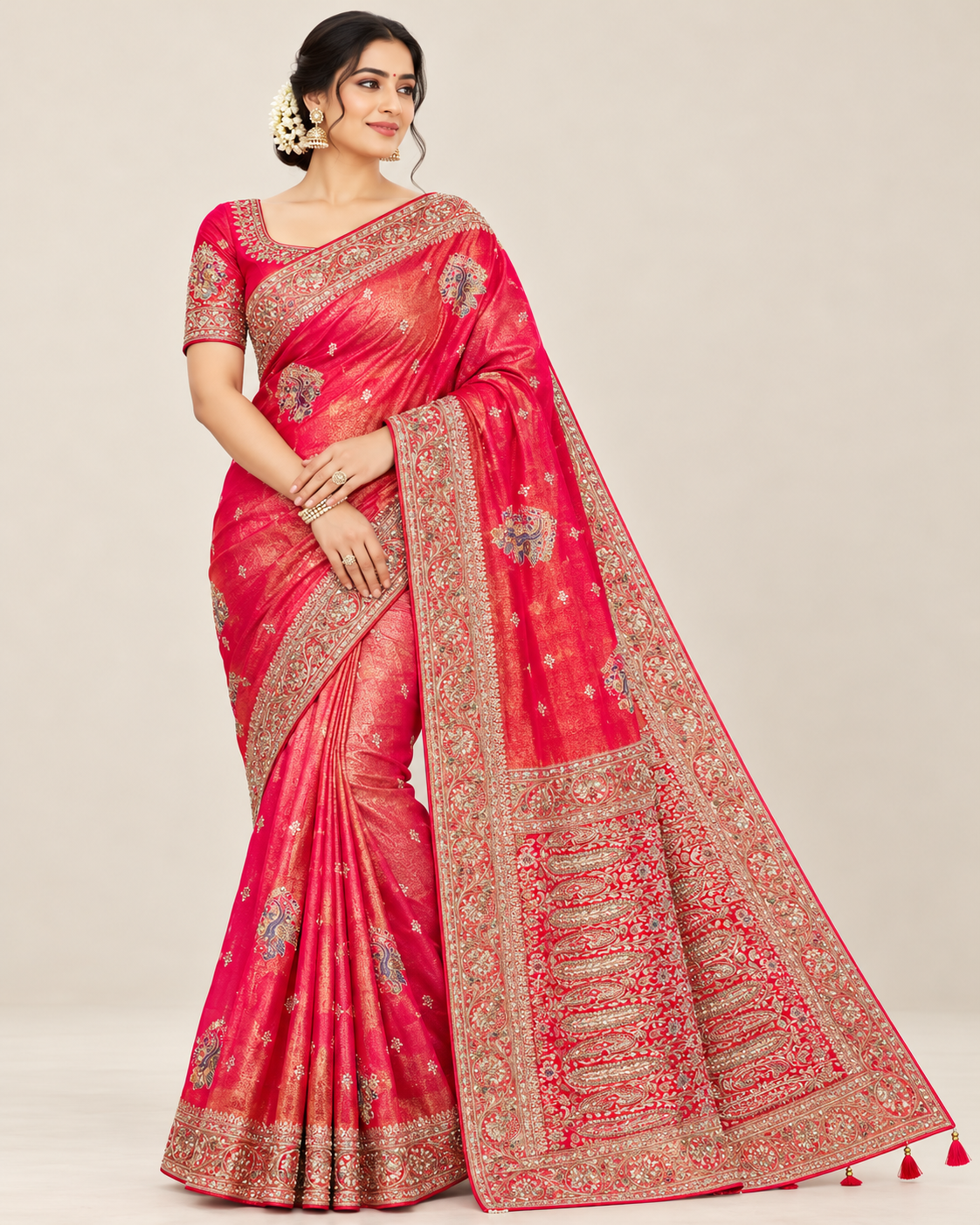 Crimson Red Gold Embroidered Bridal Silk Saree Main image