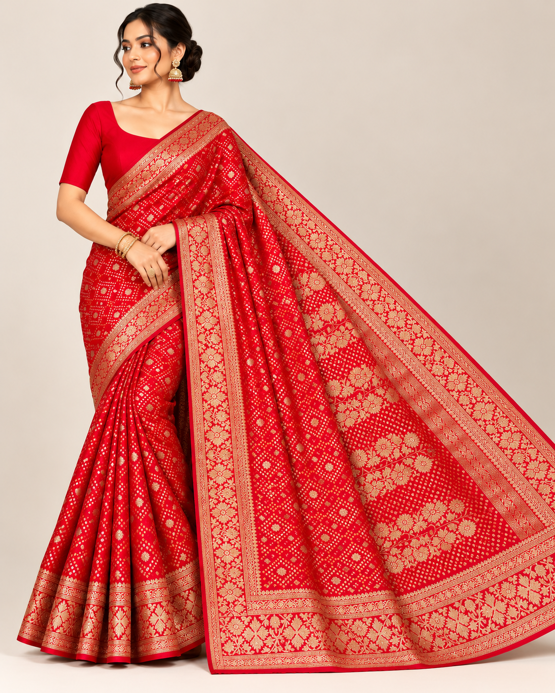 Regal Red Banarasi Silk Saree with Gold Zari Floral & Bandhani Weave Main image