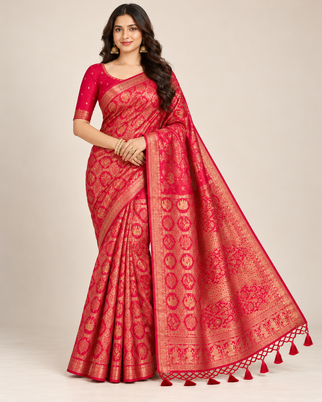 Royal Red & Gold Zari Woven Silk Saree with Traditional Motifs Main image