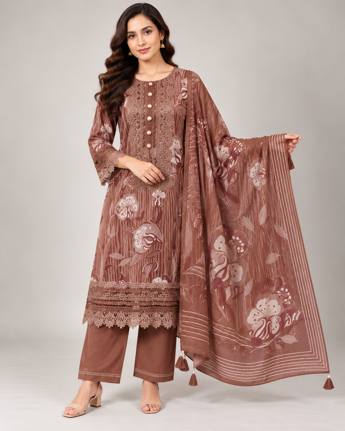 Rose-Brown Floral Printed & Embroidered Pakistani Suit Set