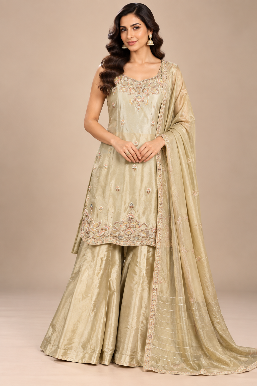 Ethereal Sage Gold Hand-Embroidered Sharara Set