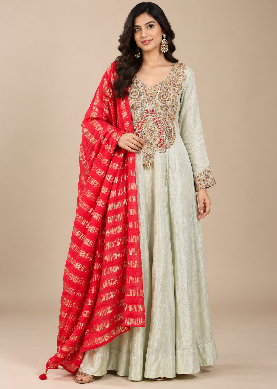 Regal Sage Green Hand-Embroidered Anarkali Set Main image