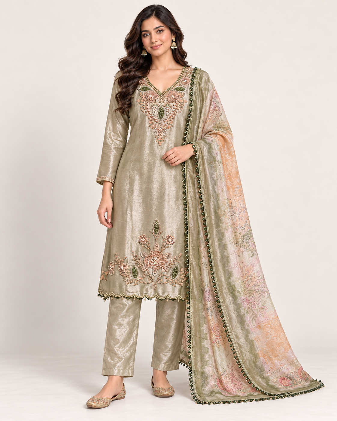 Elegant Sage Green Floral Embroidered Suit