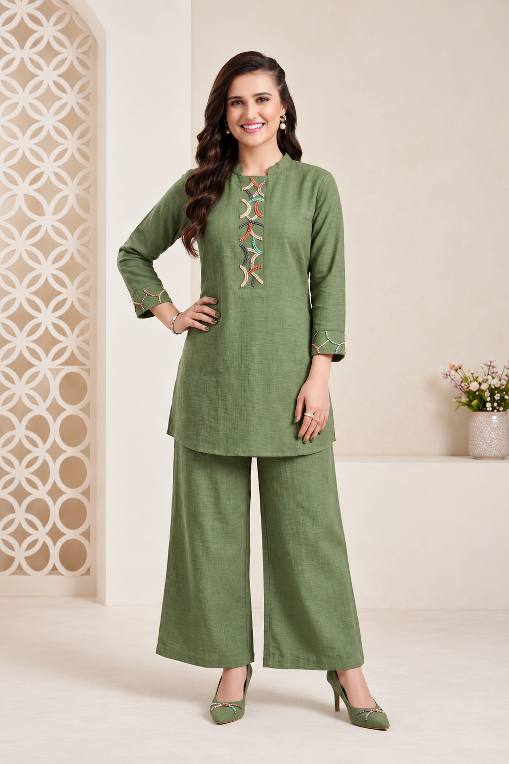 Sage Green Embroidered Tunic Co-Ord Set