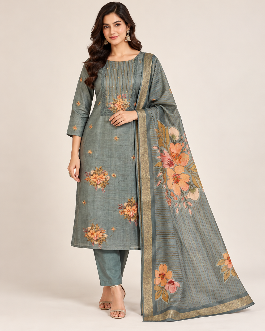 Elegant Sage Green Floral Suit Fabric Main image