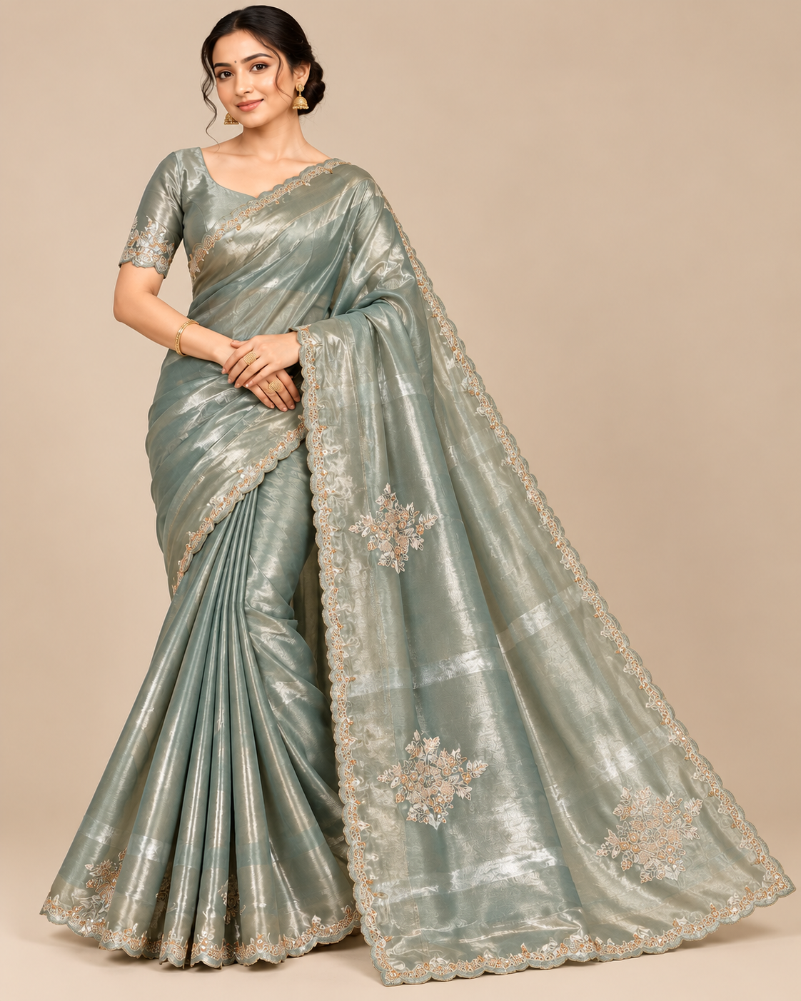 Sage Green Metallic Embroidered Tissue Saree Main image